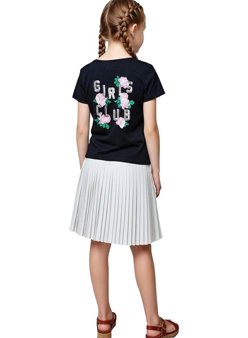 WiNi BEE Girls T-Shirt | Short Sleeve with Front Tie Detail | Black Top with 'Girls Club' Sequins & Floral Graphics | Cute Casual Tee for Ages 8-10, 10-12, 12-14, 14-16 Years - Image 4